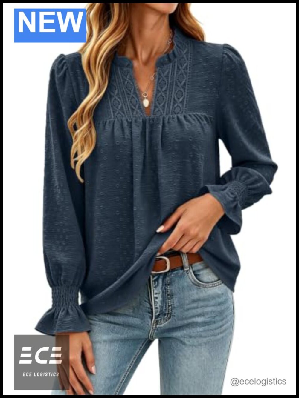 Womens Puff Long Sleeve Boho Peasant Blouse Ruffle V Neck Lace Trim